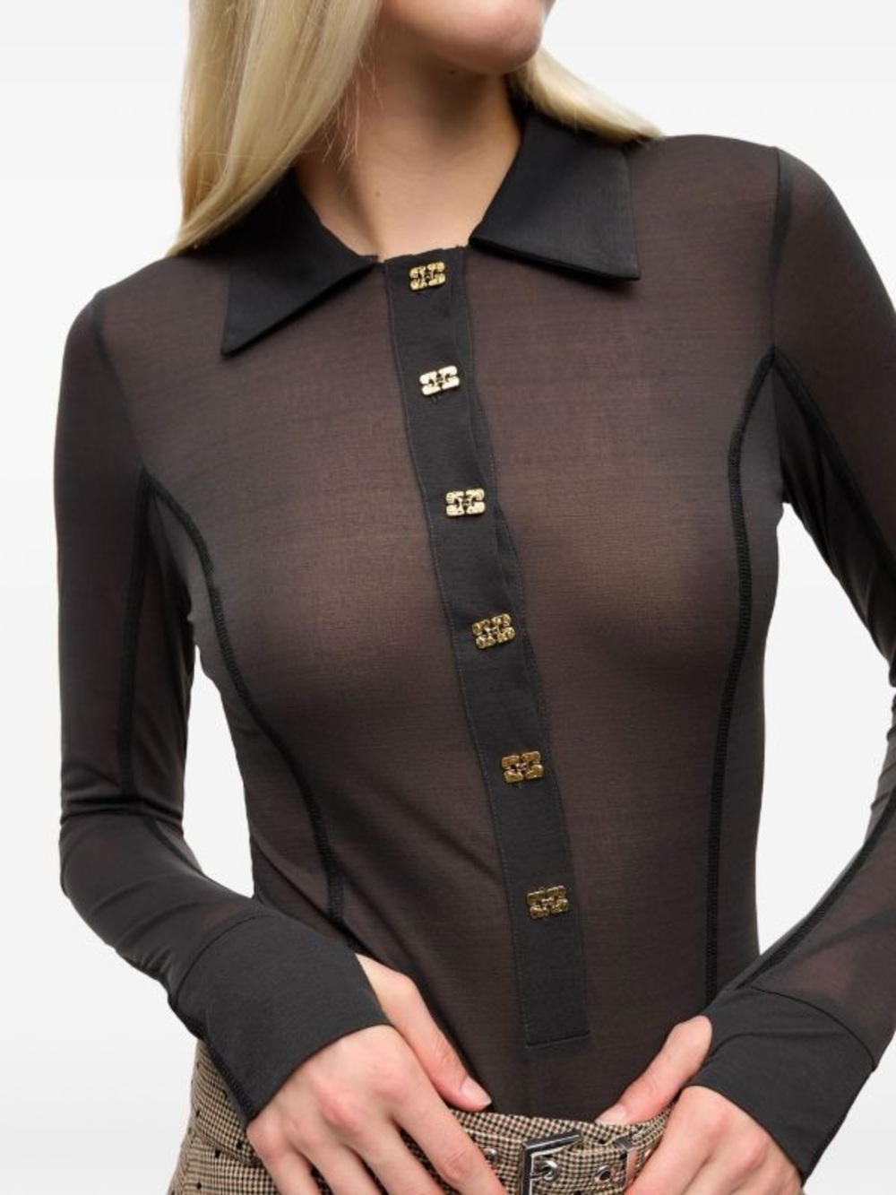GANNI Semi-Sheer Mesh Jersey Logo Button Up Long Sleeve Collared Polo Shirt M/L